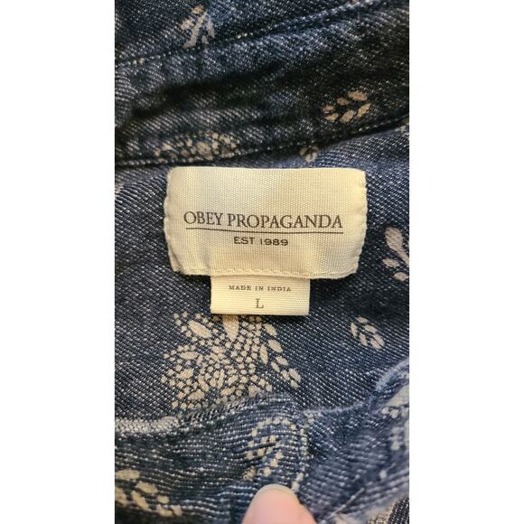 Obey Propaganda Men's 100% Cotton L Button Front Shirt Blue/Beige Floral Denim - Picture 4 of 7